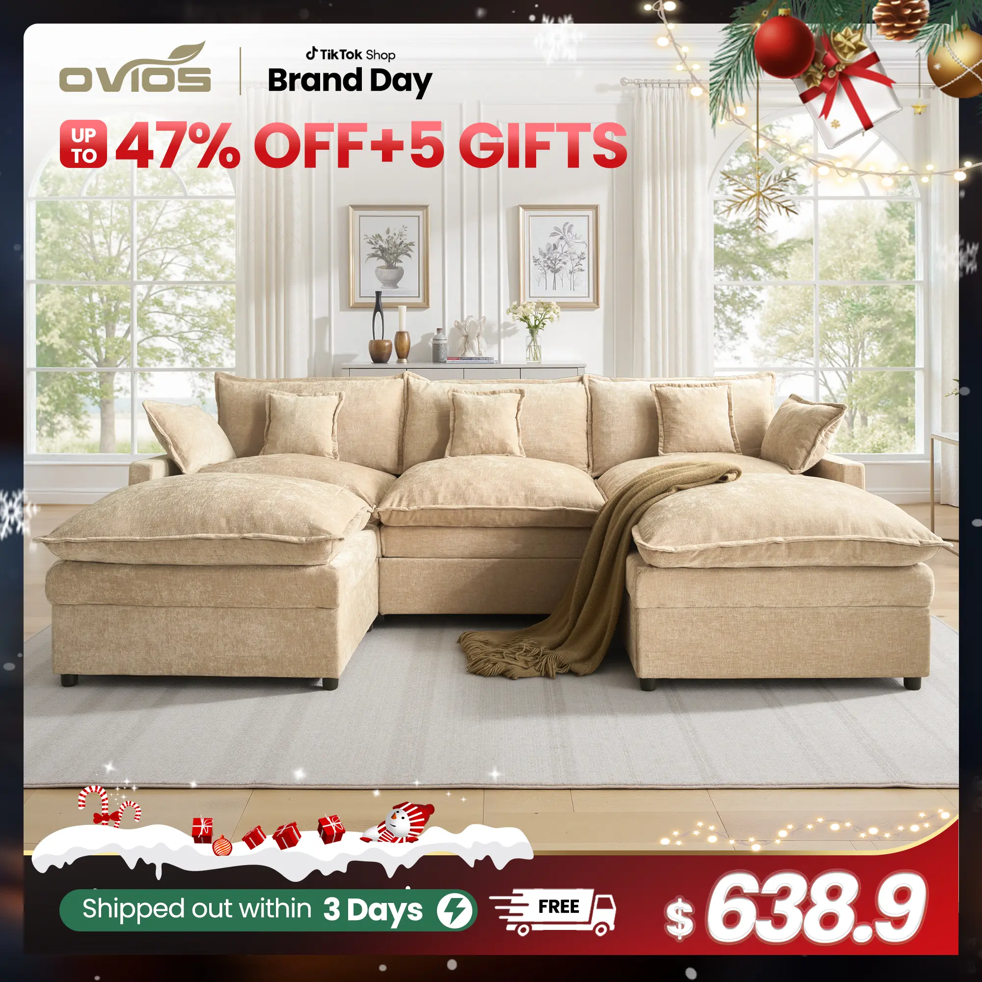 【2 Packages Shipping】Ovios 108" U-Shaped Modern Sofa Modular Sectional Cloud Couch with 2 Ottoman, Comfy Chenille Deep Seat Sofa Bed for Living Room, Bedroom and Apartment, 5 Pillows Included