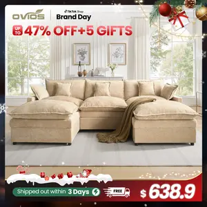 【2 Packages Shipping】Ovios 108" U-Shaped Modern Sofa Modular Sectional Cloud Couch with 2 Ottoman, Comfy Chenille Deep Seat Sofa Bed for Living Room, Bedroom and Apartment, 5 Pillows Included
