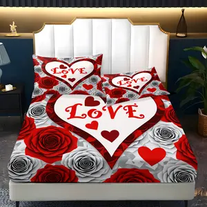 3pc Valentine's Day red rose heart fitted sheet set, Soft Bedding Set, Decorative Bedsheet Sets, including 1 fitted sheet and 2 pillowcases, available in single, double, and king sizes, a perfect holiday gift for friends, suitable for bedrooms, hotels