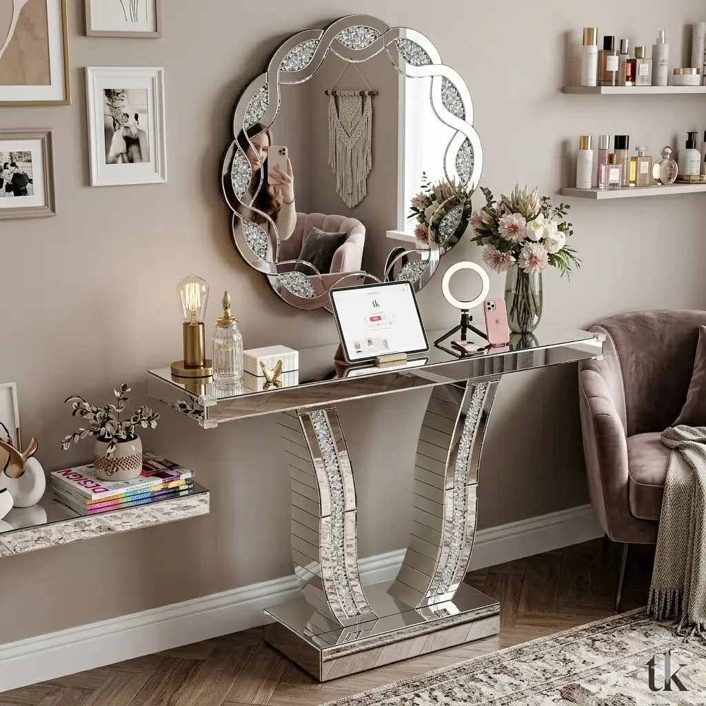 Modern Silver Mirrored Console Table with Crystal-Inlaid U-Shape Base, Curved Silver Glass Frame, Living Room Decor, Elegant Entryway Accent Piece, Entryway Table
