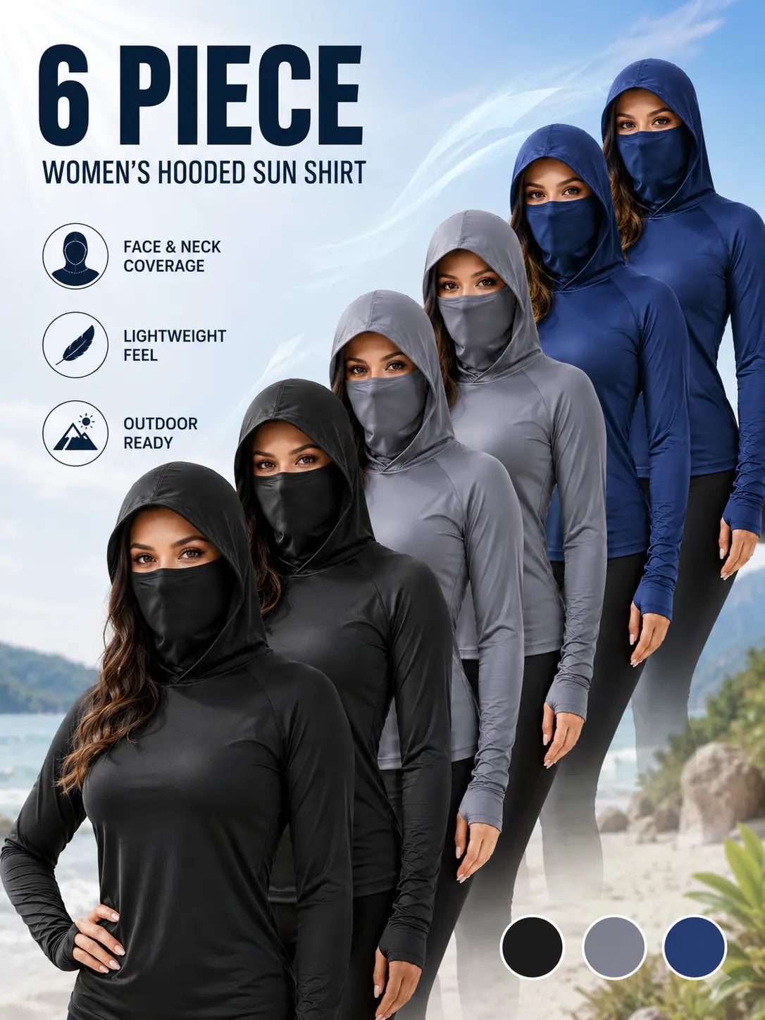 [6-Pack] Men's Lightweight Sun Protection Work Hoodies, Breathable Long-Sleeve Shirts with Built-In Face Mask and Neck Guard for Outdoor Jobs, Fitness and Exercise