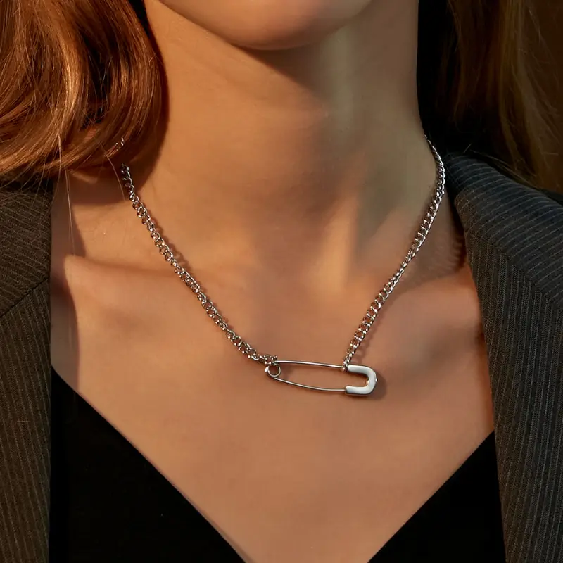 Unique Safety Pin Necklace with Simple Paperclip Pendant on Collarbone Chain - Ideal for Couples' Jewelry Accessories