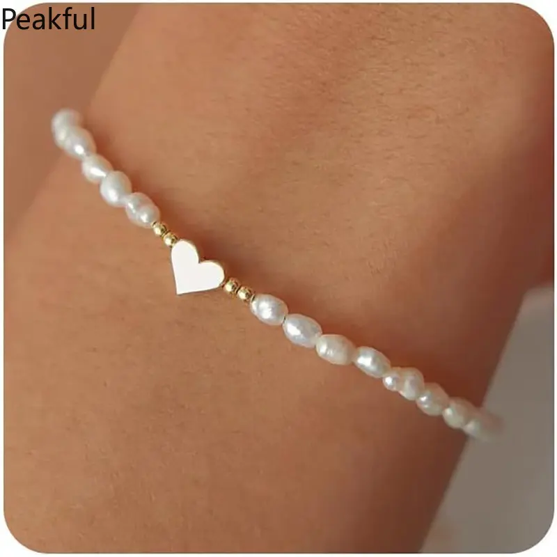 Multiple Glass Freshwater Pearl Beads Heart Strand Bracelets for Women Real Gold Silver Plated Copper Accessories