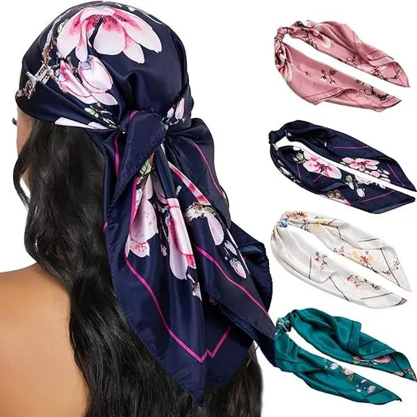 4 pcs 35 inch floral satin square scarf set, simulation silk lightweight headscarf, women's multifunctional scarf, can be used for hair accessories, neck accessories, wrist accessories and accessories, suitable for daily, travel and gift giving scenarios