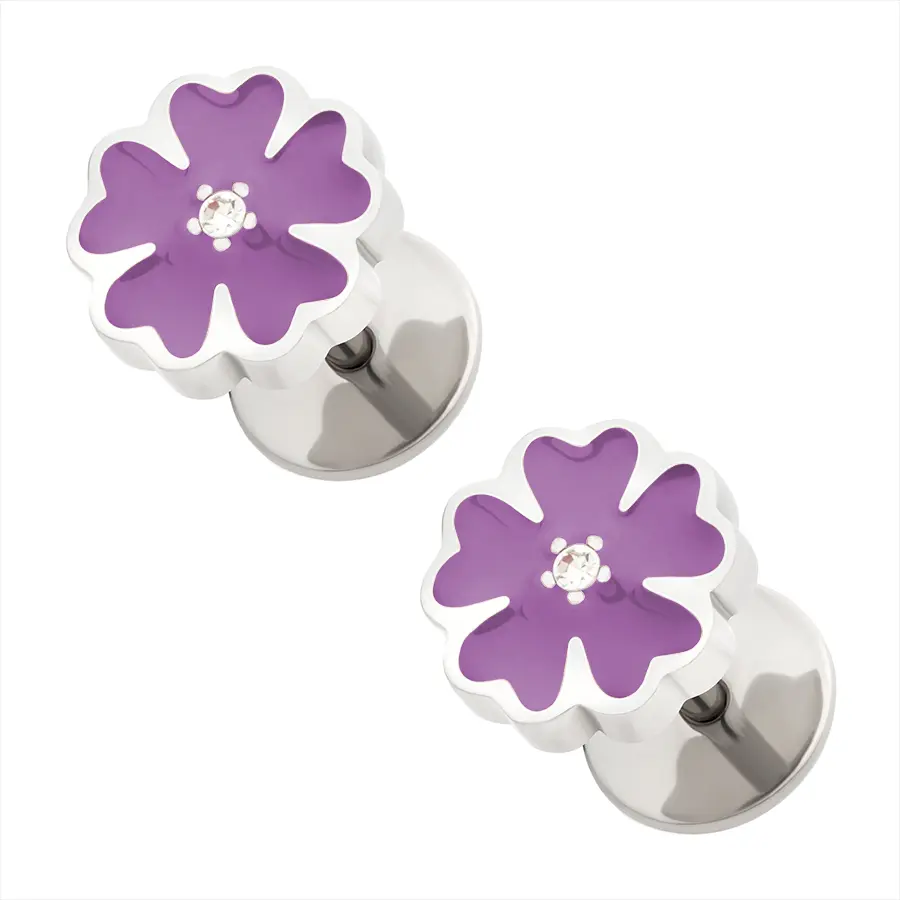 Purple Enamel Flower Comfy Earrings. Featuring high-quality enamel, Cubic Zirconia gems, and 316L surgical-grade stainless steel flower shapes, posts, and backs.