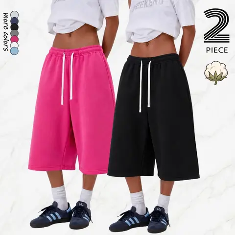 Women's 2 Pack Cotton Blend Knit Baggy 7/8 Length Sweatpants Over the Knee, Relaxed Straight Casual Sport Fit, Elastic Waistband with Drawstring, Lightweight Comfy Streetwear Bottoms for Home, Commuting, Baggy Sweatpants