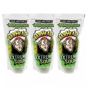 3 Packs Van Holtens WARHEADS Extreme Sour Pickle Cucumber Snack Savory Pickle in a Pouch