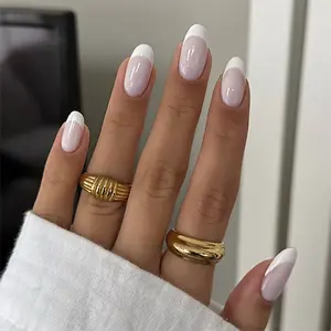 Oval White French Medium Glossy  Press On Nails