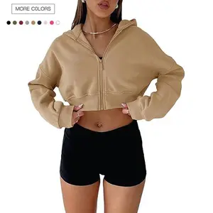 Danedvi Women's Chic Long-Sleeve Cotton Cropped Zip-Up Hoodie Sweatshirt - Soft, Fashionable, Ribbed Elastic Solid Style Top with Fit Options, Comfy Loose Casual Wear for Pairing with Tank Tops, Joggers