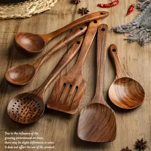 6-Piece Wooden Kitchen Spoons Set, Smooth Finish Yew Wood Utensils, Soft Touch Comfort Cooking Spoons, Non-Stick Easy Clean Heat Resistant Scratch-Resistant, Kitchen Cooking Accessories, Wooden Spatulas, Cooking Tools