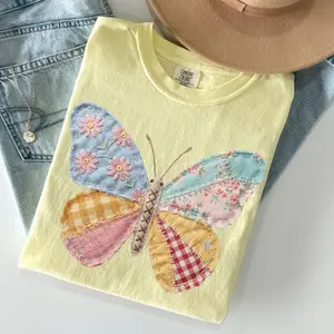 Comfort Colors PRINTED Butterfly Tshirt, Faux Patchwork Butterfly Tee, Cottagecore Floral Butterfly Tshirt, Vintage Quilt Aesthetic T-shirt, Spring Nature Tee
