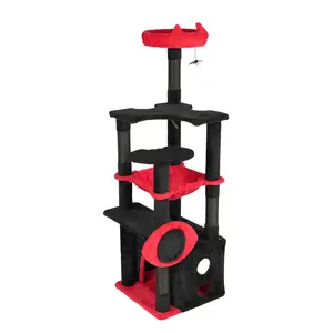 Halloween Cat Tree, Gothic Cat Tree Tower with Sisal-Covered Scratching Posts & Boards, House Caves Platform Hammocks, 53 in Tall Kittens Pet Vampire House with Haunted Spiders, Black Red