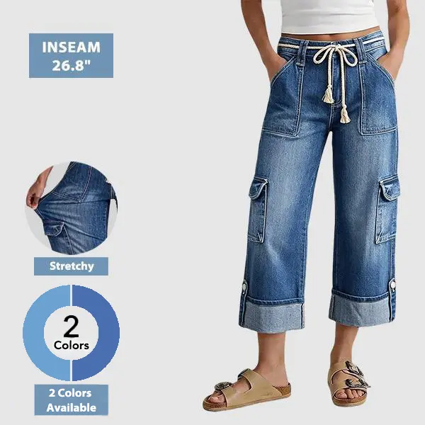 Flamingals Drawstring Flap Pocket Roll Hem High Waist Straight Leg Crop Jeans Flamingals Drawstring Flap Pocket Roll Hem High Waist Straight Leg Crop Jeans