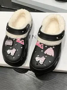 Women's Cute Cartoon Pattern Decoration Non-slip Plush Slippers, Fuzzy Warm Slippers, Casual Soft Comfortable Vented Clogs, Warm House Slippers for Indoor & Outdoor Use for Winter, Warm Home Shoes