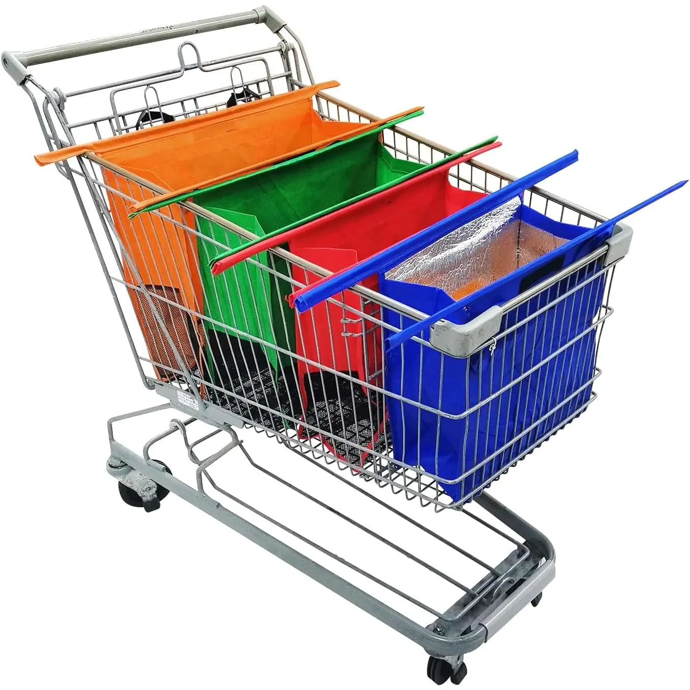 Trolley Bags for Shopping Cart - Set of 4 Reusable Grocery Bags with Cooler Bag & Egg/Wine Holder in Orange, Green, Red, Blue