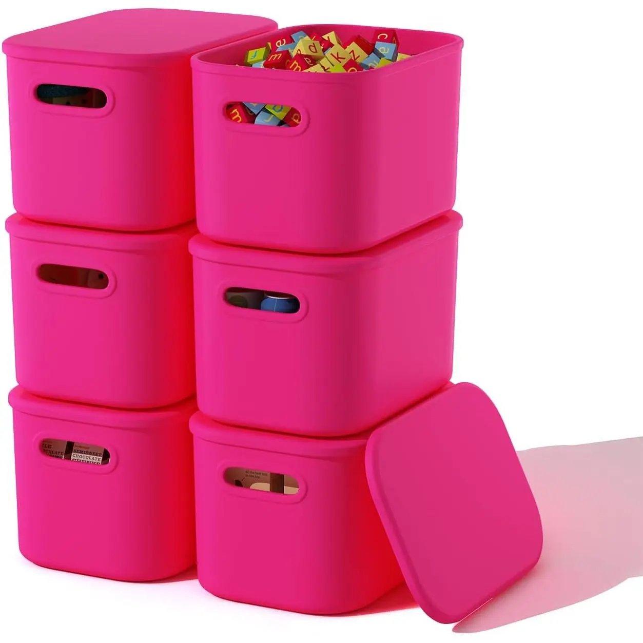 6 Pack Stackable Storage Bin with  - Cute Design for Craft, Snacks & Storage Boxes with Handle for Shelves, 9.85x6.9x5.7 Inch