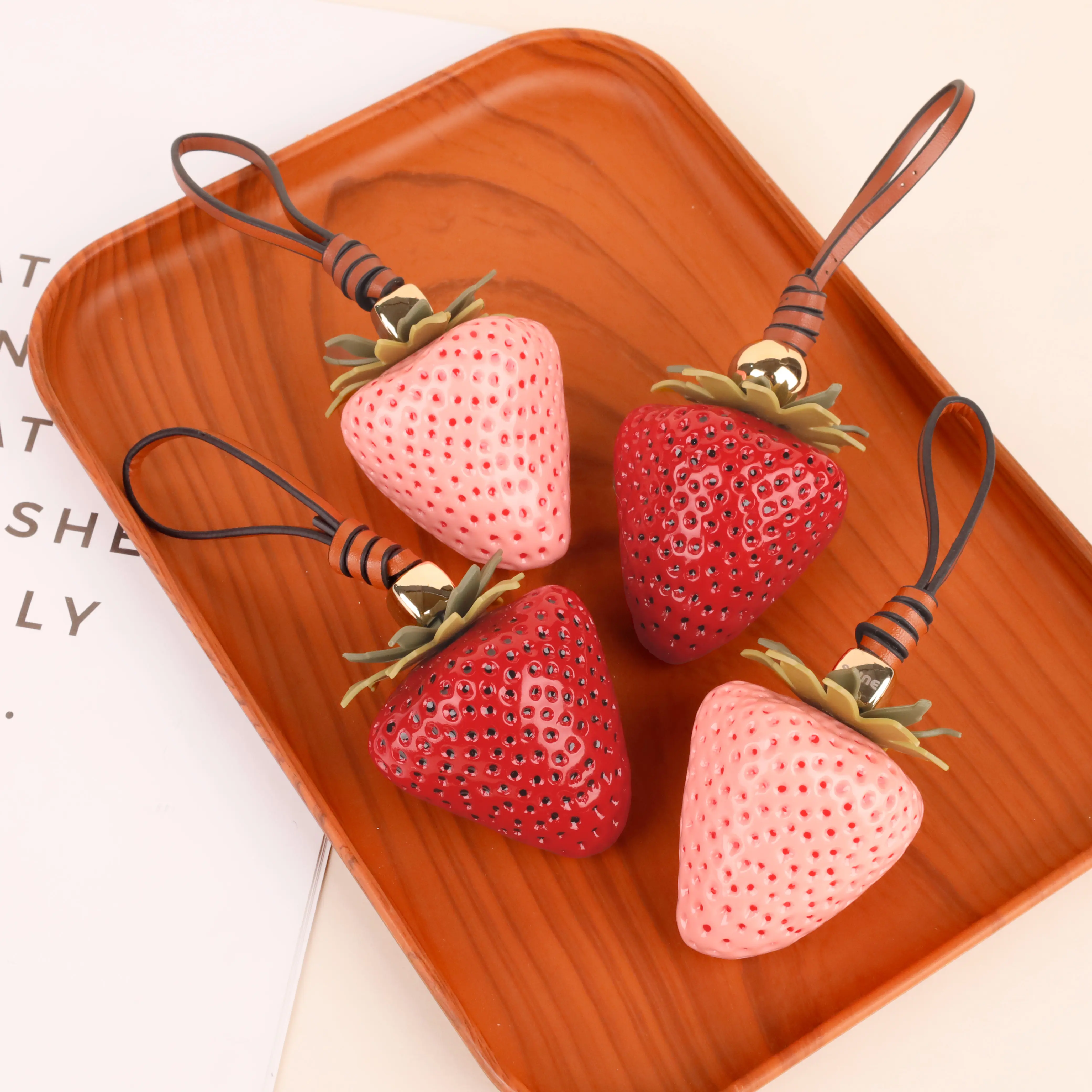 Polyresin Strawberry Fashion Bag Charms - Pink, Red Fruit Print Cute Purse Accessories, All Seasons Handbag Decor, Playful Accent for Luggage Enhancement