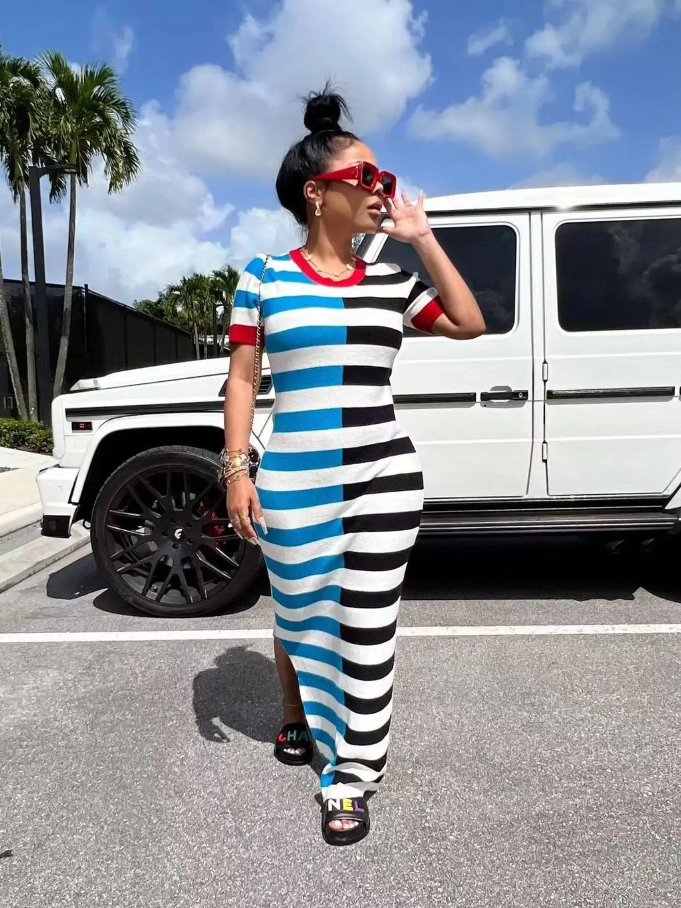 Women's Multicolor Colorblock Striped Print Split Side Tee Dress, Dresses for Women, Casual Style Short Sleeve Round Neck Long Dress for Daily Outdoor Wear, Dress in Club, For All Seasons, Soft Polyester Single Jersey Dresses, Womenswear, Fit, Summer