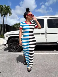 Women's Colorblock Striped Print Split Side Tee Dress, Dresses for Women, Casual Style Short Sleeve Round Neck Long Dress for Daily Outdoor Wear, Dress in Club, For All Seasons, Soft Polyester Dresses, Womenswear, Fit, Summer