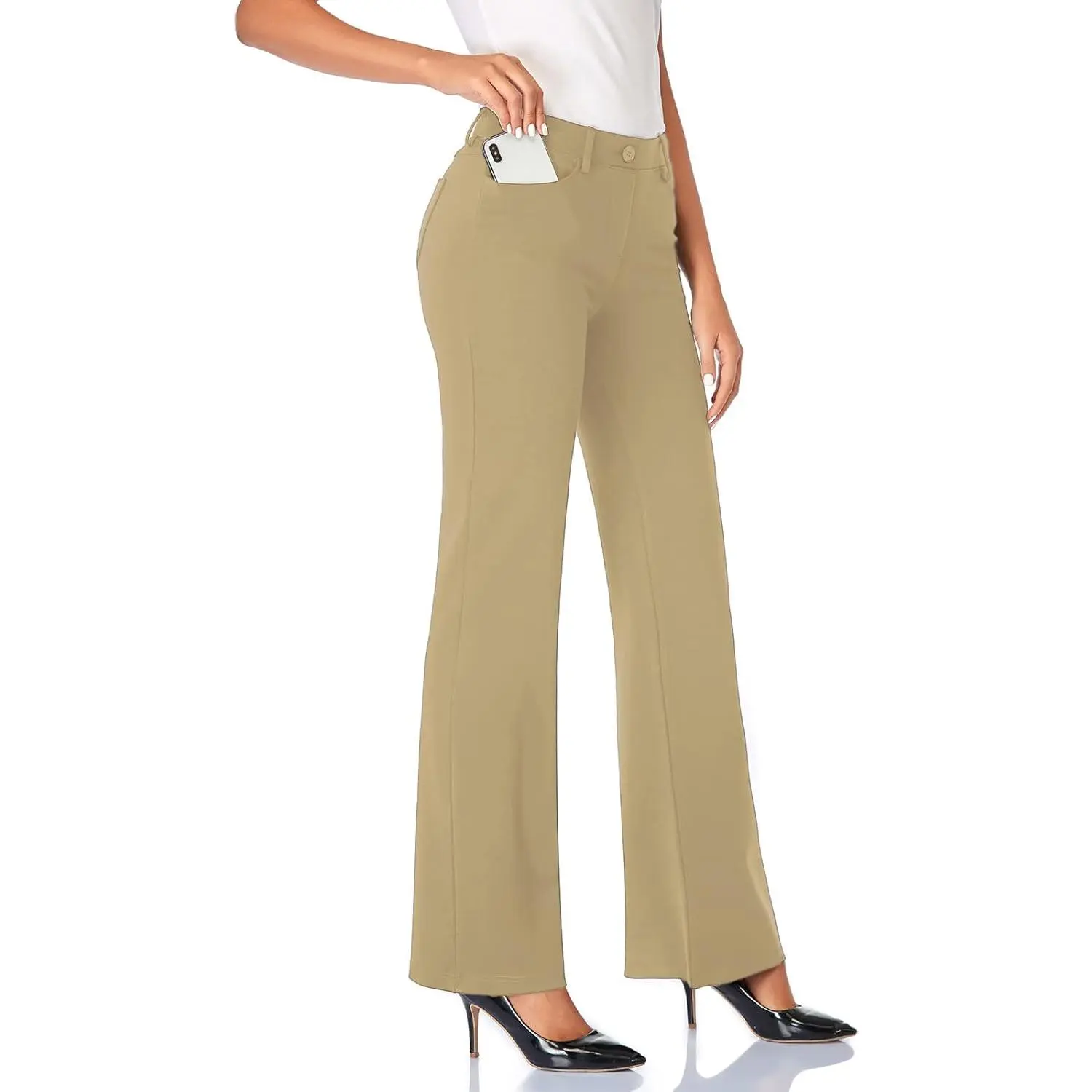 Women's Basic Stretchy Dress Pants, Bootcut Style Bottoms with Pockets for Office Work - Tall, Petite & Regular Inseams, Bottom, Lady, Clothes, Stretch Fabric, Office Wear, Multi-Size, Pocketed, Tall Fit