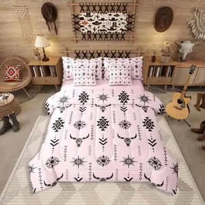 Rustic Bull Skull 7 Pieces Bedding Set,Ethnic Western Aztec Bed Bag,Geometric Diamond Bed Set,Includes Comfortersheet Set,Pillowcases  Bed Set, Bedroom Bedding Set, Decorative Bedding Set