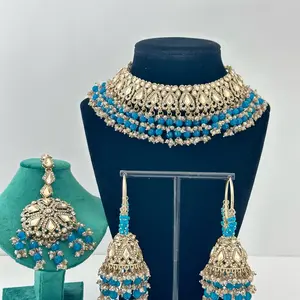 Bollywood Stonework Necklace Set with Bali Jhumka and Mangtika Fashionable Earrings