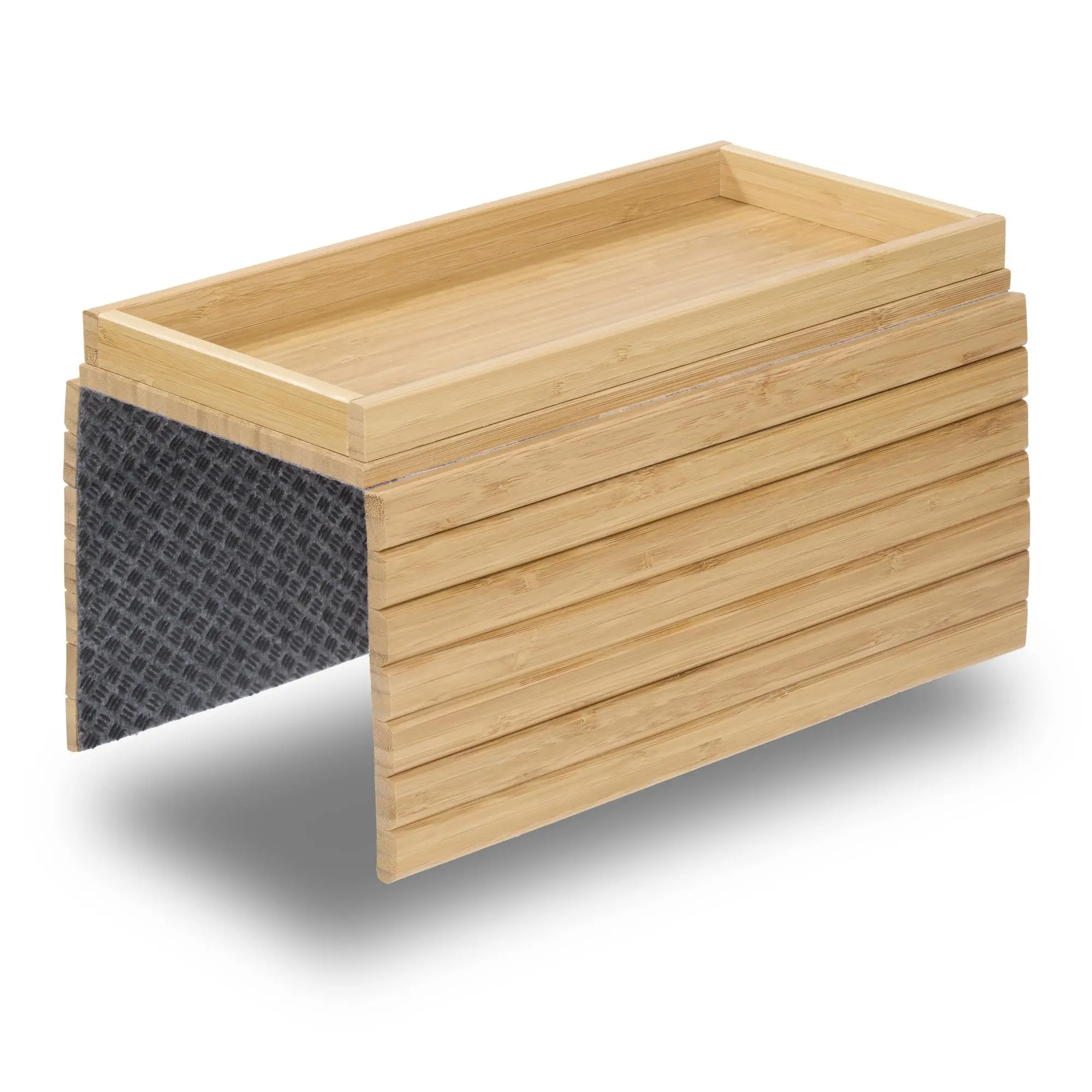 Couch Arm Tray with Large Storage Box, Bamboo Sofa Armrest Side Tray, Non Slip Felt Bottom Fit Wide Sofa Arms