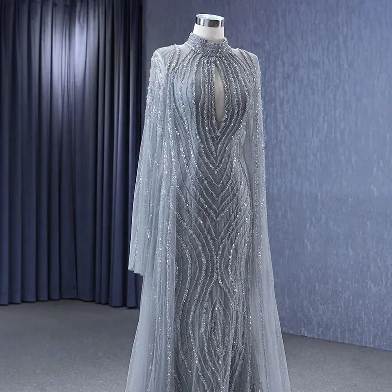 Elegance in Gray: High Neck Formal Evening Dress for Plus Size Women