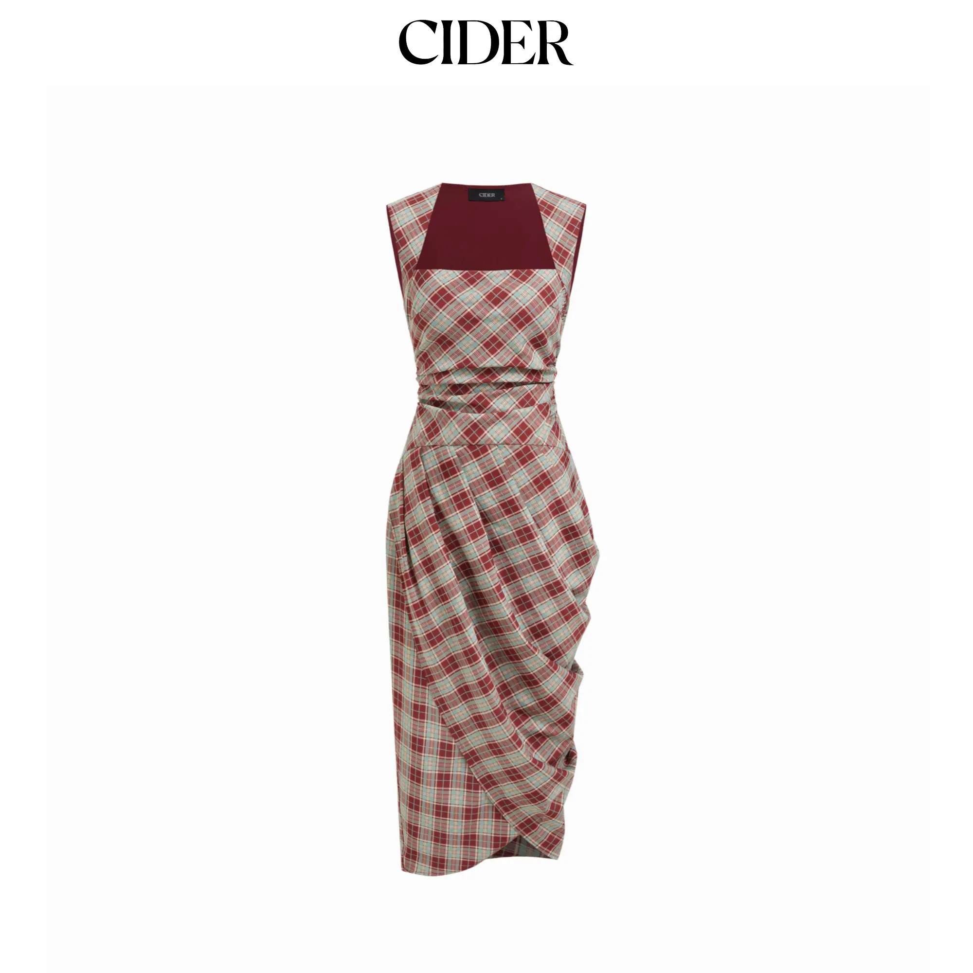 Cider Women's Lady's Sleeveless Rayon Plaid Square Neck Wrap Ruched Midi Dress, Fitted, Bodycon, Casual, Midi Length, Checkered Plaid, Clothes