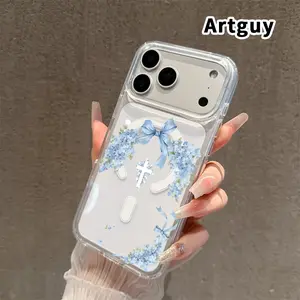 Magnetic Soft Case for iPhone 17 16  Pro Max Plus 15 14 13 12 11 Air E Blue Hydrangea Reverie Pattern Anti-Yellowing Shockproof ultra-thin Silicone Crystal Transparent Acrylic Large Hole Cover Supports Wireless Charging