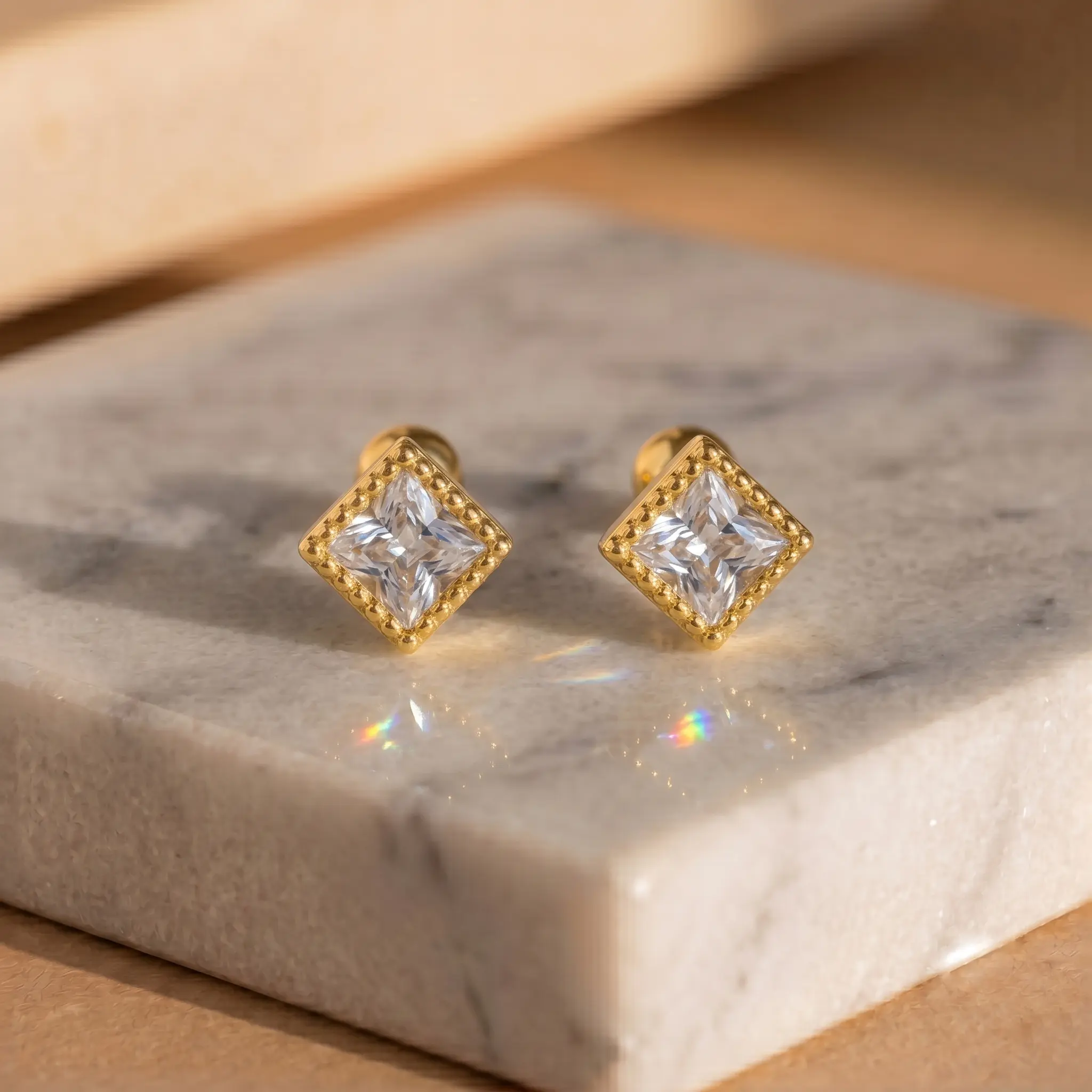 Tiny Gold Square CZ Stud Earring, Princess Cut Crystal Cartilage Earring, Dainty Ball Back Stud for Helix Tragus Lobe Conch Piercing, Minimalist Geometric Ear Jewelry, Sparkle Ear Stack Gift for Women