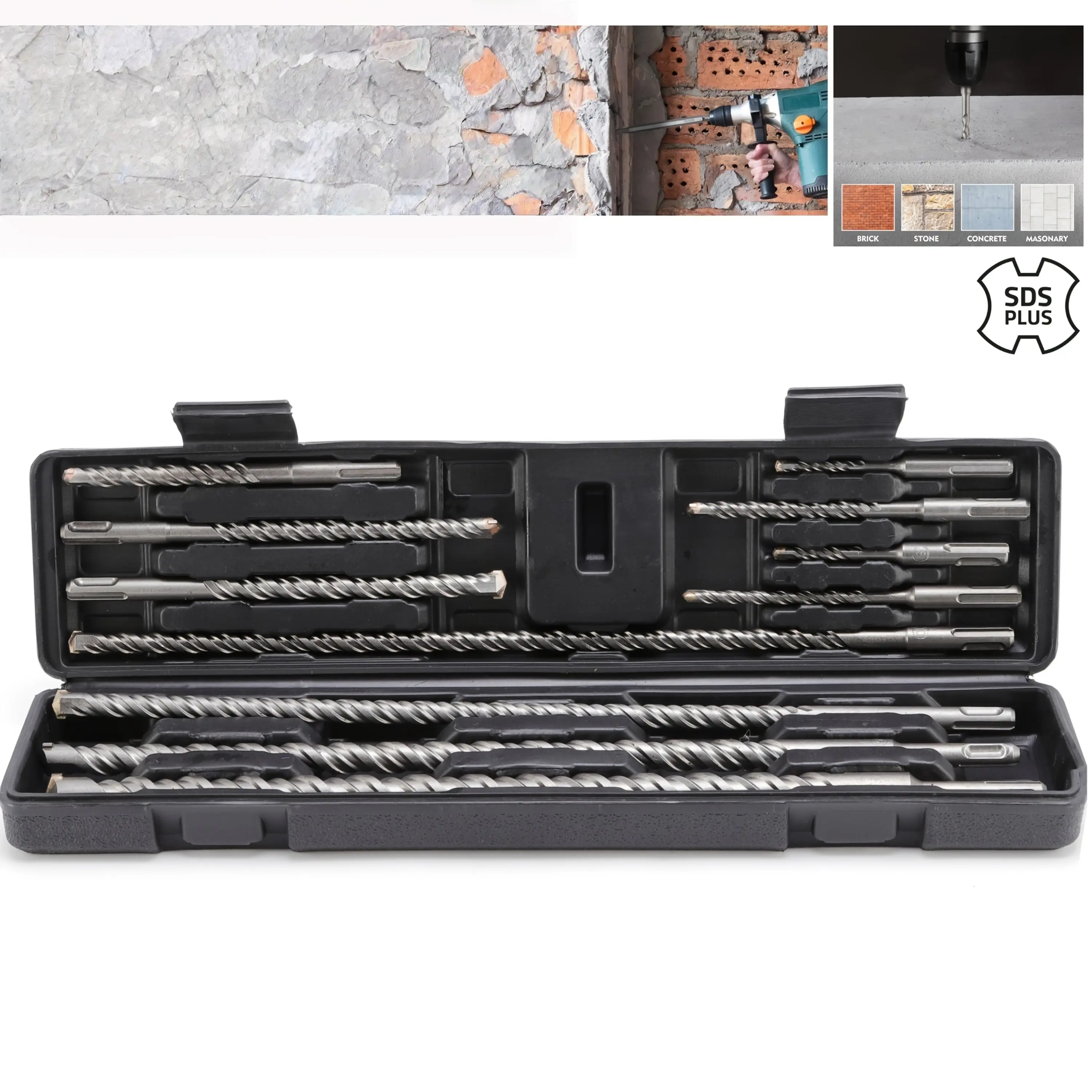 11Pcs SDS Plus Rotary Hammer Drill Bit Set, Carbide Tipped Masonry Concrete Drill Bits (5.5mm-20mm, Lengths up to 450mm / 17.7"), 40CR Steel Heavy Duty Drill Bits with Storage Case