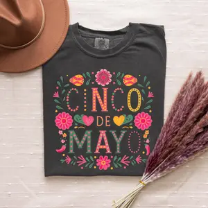 Cinco de Mayo Shirt Comfort Colors Floral Fiesta Tee, Mexican Festival T-Shirt, Colorful Folk Art Top, Unisex Vintage Style Gift