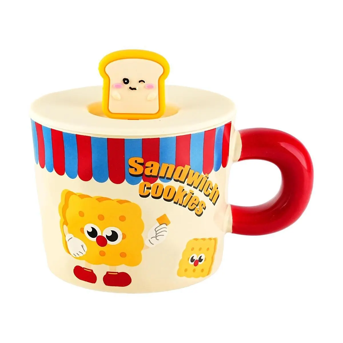 Golden Lion Cartoon Mug with Lid - 300ML Ceramic Coffee Cup with Red Handle, "Cookies" Design - Cute & Premium Gift