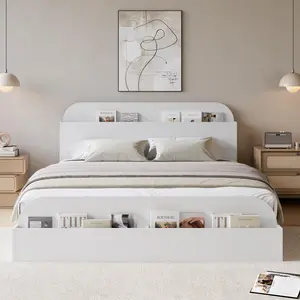 Full Size Storage Headboard Bed, Wooden Platform, Raised Footboard, Low Floor Design, Sturdy Slat Support, Noise-Free, No Box Spring Needed, White Wood Grain Finish