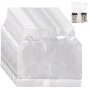 200 Pack Handle Drinking Poly Bags, Clear Plastic Packaging Bags for Delivery, 12" L x 11" H Hanging Hole Cup Carrier with Handle for Take Out, Beverage, Coffee, Juice, Stores, Hold 2 Cups