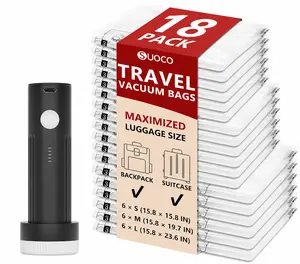 Suoco Cordless Travel Vacuum Storage Compression Bag Set – 18-Pack in 3 Sizes – USB Rechargeable Handheld Pump with Built-In Battery – Waterproof & Reusable Space Saver for Clothes & Packing, Perfect for Carry-On Suitcases