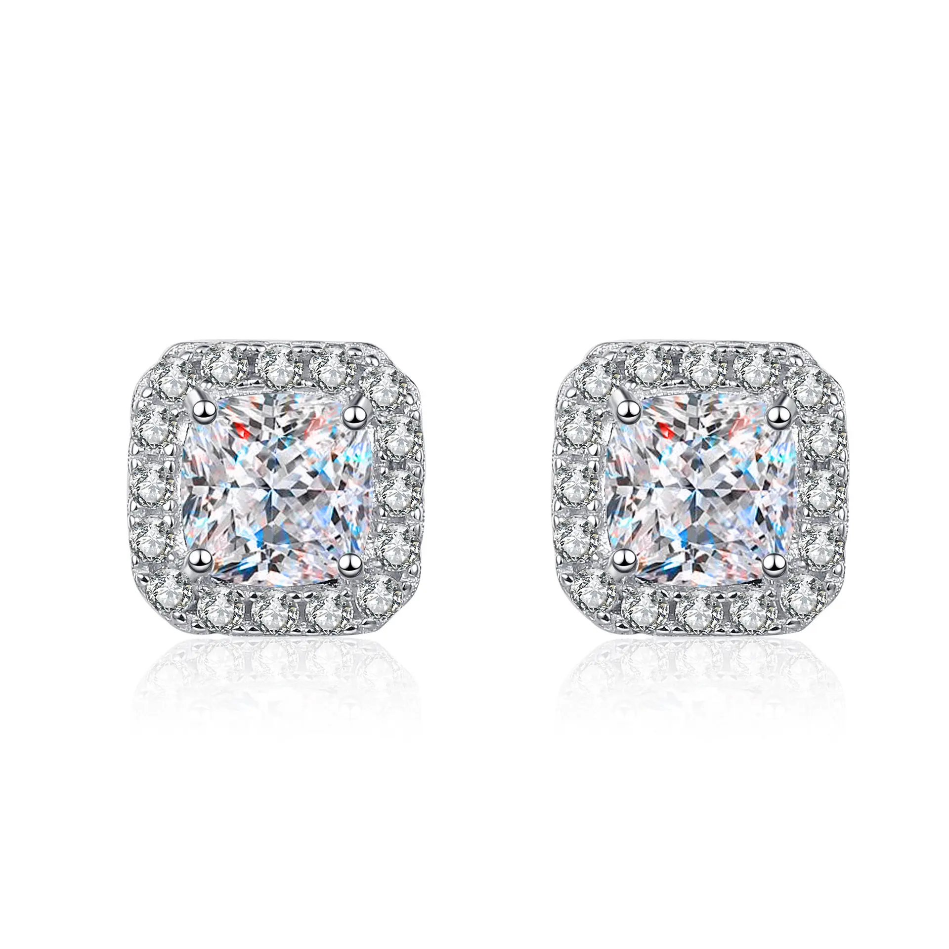 Women's 925 Sterling Silver Hypoallergenic Halo Cushion Cut Stud Earrings - 0.5Ct 5MM Non-Natural Crystal Center Stone, Affordable Moissanite Alternative Simulated Diamond Earrings Sparkling Butterfly Clip Earrings Colorful Christmas Tree Tassel Earrings
