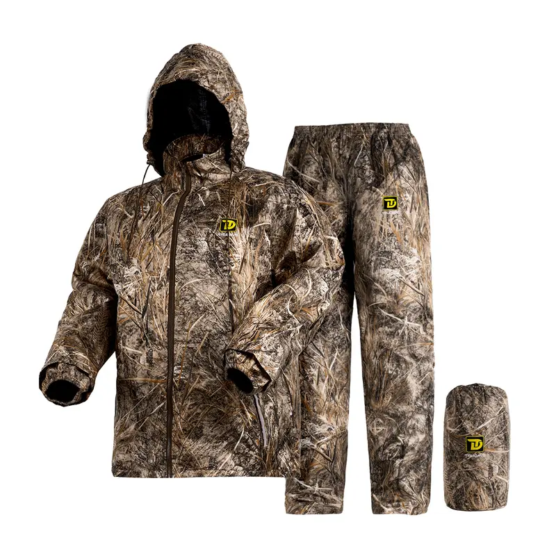 Trudave Men's 2-Piece Durable Rain Suit - Outdoor Waterproof, Wind-Resistant Polyester Rainwear with Reflective Safety, Breathable Lightweight Black Sport Design, Adjustable Snap & Drawstring, Storage Bag for Hunting, Camping&Hiking