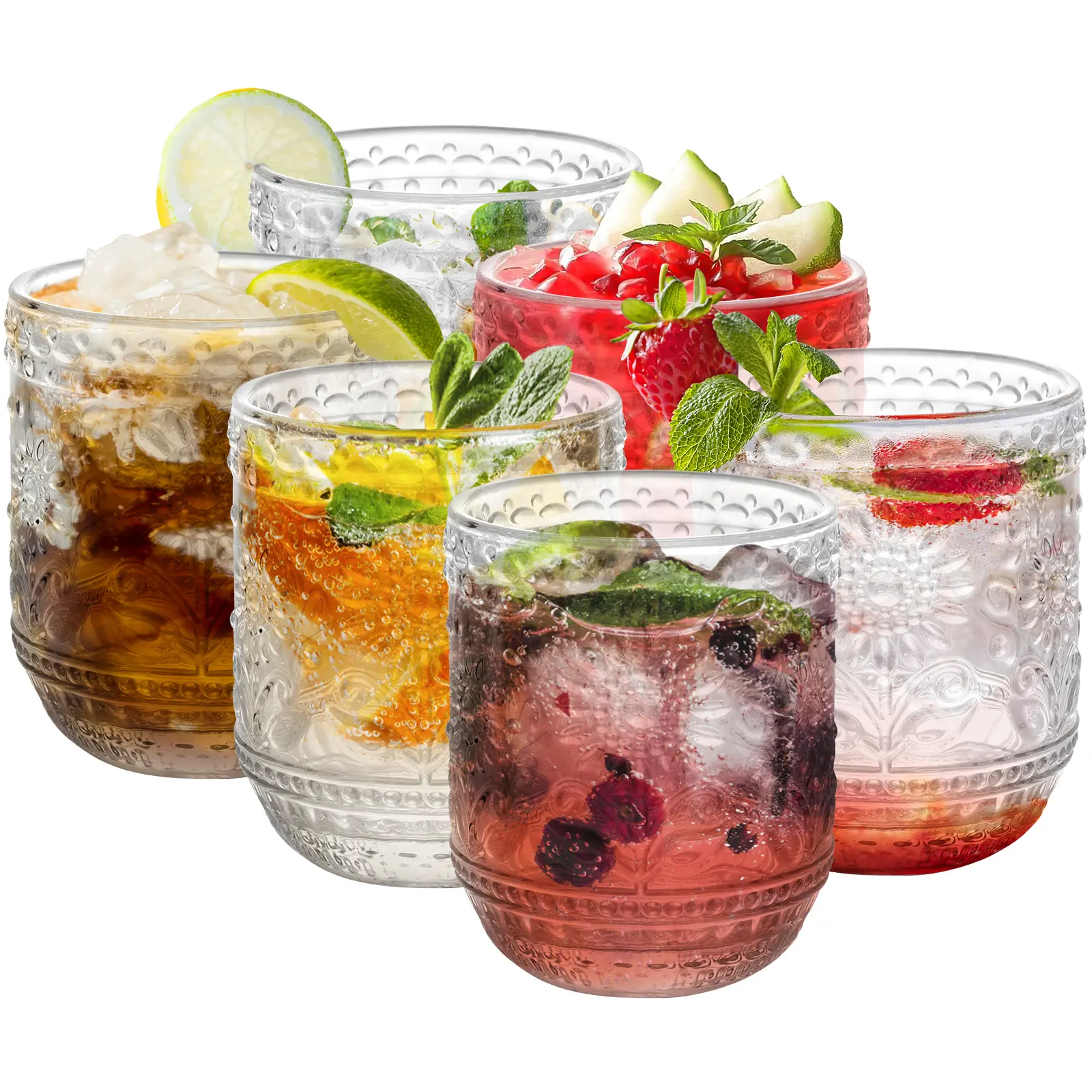Clear Vintage-Style Drinking Glass Set of 6,12 oz Embossed Floral Decorative Glassware Set,Glass Cups Wine Glasses Beverages Tumblers Colored Glassware for Whisky,Beer,Juice,Cocktail,Heavy Duty