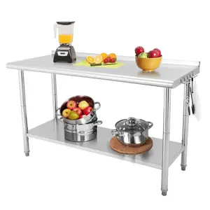 Garvee High-Quality NSF Stainless Steel Work Table 60" x 24" – Heavy Duty Commercial Prep Table with Adjustable Undershelf, 5 Hooks, Rear Baffle, Curved Edge Hook, Without Casters
