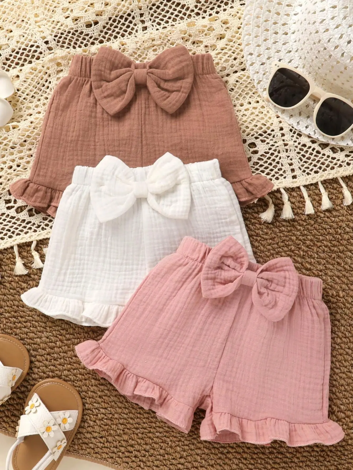 3Pcs Baby Girl Cotton Shorts - Soft, Comfortable, Sweet, Athletic - Bow Decoration, Ruffled Hem, Elastic Waist - Casual, Elegant, Simple & Versatile Toddler Bottoms for Birthday, Baby Shower, Holiday Summer Wear, Fitted, Mid Waist