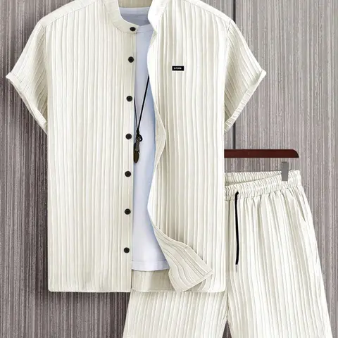 Men's Patched Button Front Shirt & Elastic Waist Shorts Set, Casual Regular Fit Short Sleeve Stand Collar Top & Pocket Drawstring Waist Shorts, Two-Piece Set for Summer, Matching Outfits Set, Menswear
