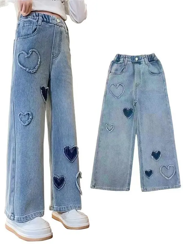 Girls' Denim Jeans, Spring & Autumn New Loose Casual Straight-Wide Leg Style with Heart Love Patch, Kids Clothing Girls Casual Bottoms,back to school
