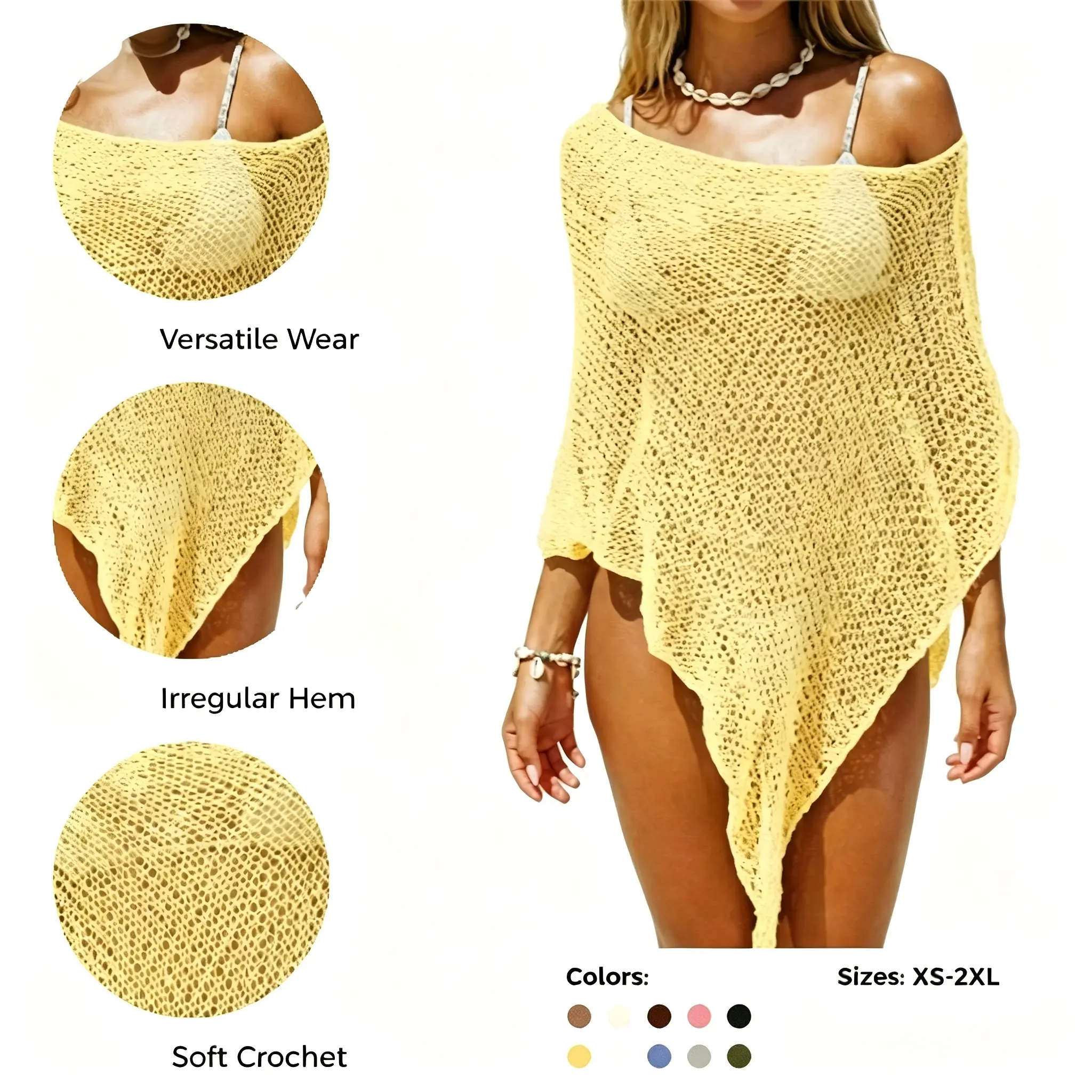 UNCLECAT Women's Sheer Crochet Knit Bikini Cover Up, Poncho Top with Batwing Sleeves and Irregular Hem for Casual Summer Vacation Outfits, School, Acrylic, Beach Cover Ups, Outdoor, Crochet Swimsuit Coverup, Women’s Clothing, Going Out, Solid, Casual Outi