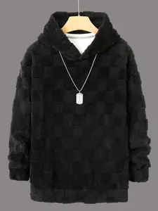 Men's Fleece Hoodie, Sweatshirt, Quilted Square Pattern & Sherpa Lining, Oversized Fit for Winter Casual, Lounge Wear and Outdoor Activities, Soft Plush Fabric, Adjustable Drawstring Hood, Must-Have for Men Seeking Warm Comfort in Cold Season