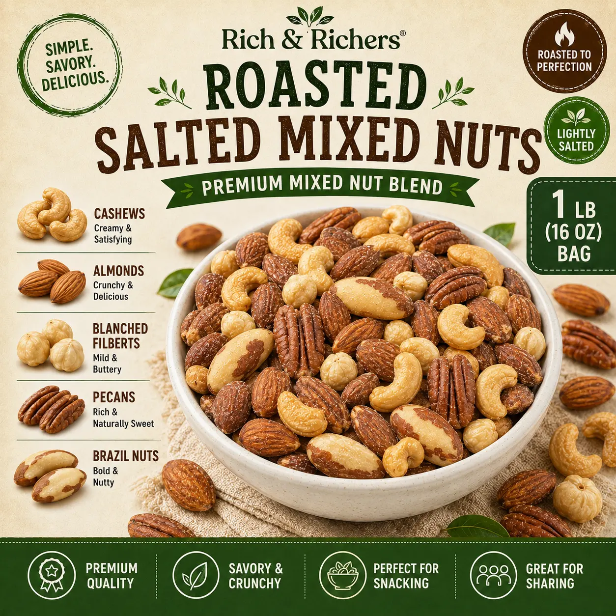 Rich & Richers Roasted & Salted Mixed Nuts Blend | 8oz & 1lb Bulk Bags | Whole Cashews, Almonds, Pecans, Brazil Nuts & Filberts Dried Snack