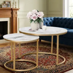 2-Tier Nesting Round Coffee Table Set, Sturdy Metal Frame & White MDF Tabletop, Space-Saving Design, Easy to Assemble, Suitable for Living Room Bedroom Apartment, Multifunctional End Table for Storage & Decoration, Modern Industrial Style, Perfect for Hom