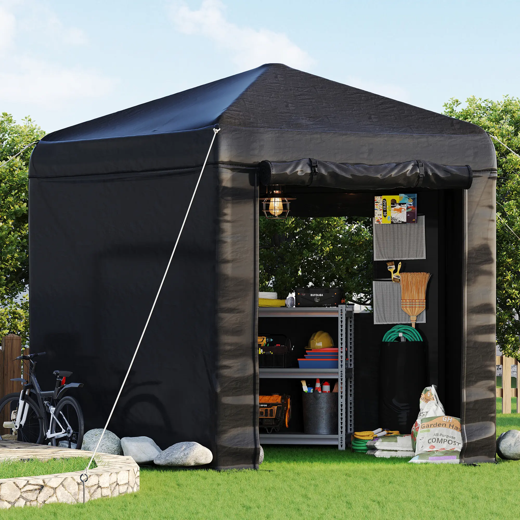 [SummerSale] AMERLIFE 9.7x10.2x8.4 FT Black Pentagonal Storage Shed with Large PVC Windows, Heavy Duty Portable Shed with Mesh & PE Storage Pockets, Top Hooks, Patio, Lawn, Garden