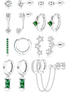 Diverse 8 Pairs Silvery Small Hoop Earrings Set High Quality Earrings Trendy Hypoallergenic Stainless Steel Copper Huggie Hoop Studs Earring Stacks for Women Men for Sensitive Ears Cartilage Earring Set for Multiple Piercings Hoop Jewelry